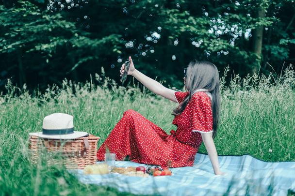 A beautiful young caucasian girl in a red dress with loose long brown hair sits half-turned on a blue bedspread with a wicker square basket, fruits arranged in plates and takes a selfie on her mobile phone in a clearing in a public park, side view cl - Photo, Image