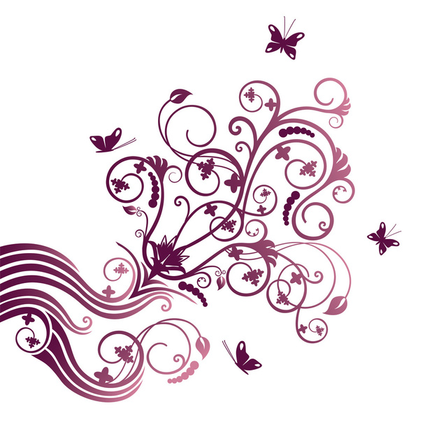paarse bloem en vlinder hoek ornament - Vector, afbeelding