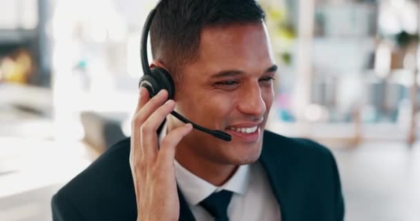 Businessman, call center and face consulting with headphones in telemarketing, customer service or support. Happy man consultant agent talking on headset in contact us for online advice at the office. - Footage, Video