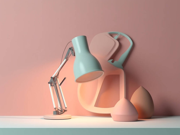 Ilustración 3D de una lámpara de mesa eléctrica, colocada sobre una mesa. Fondo de pared de color pastel. - Foto, Imagen
