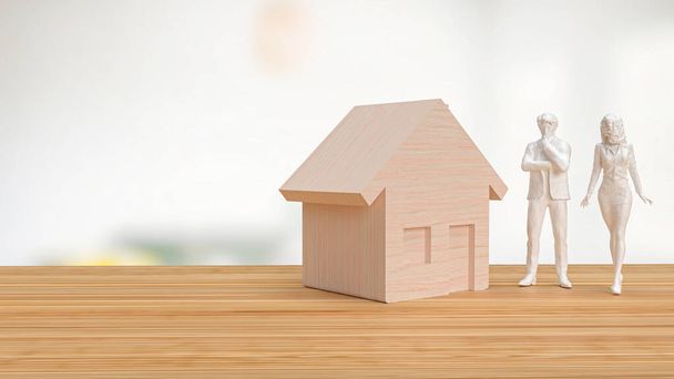 Domácí dřevo a figurka na stole pro nemovitosti nebo realitní koncept 3d renderin - Fotografie, Obrázek