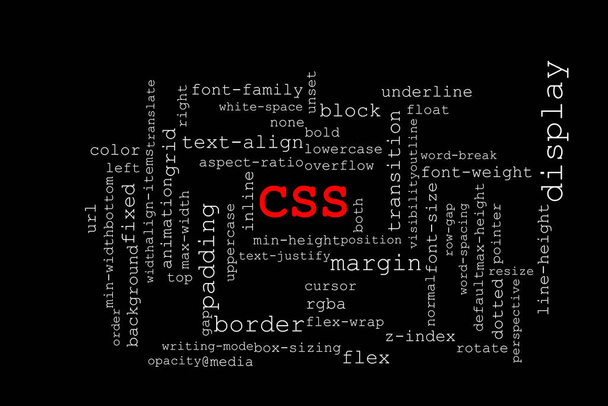 El gran título rojo CSS en el medio con muchas propiedades CSS diferentes colapsó alrededor del título. El fondo es negro y el texto es blanco. - Foto, imagen