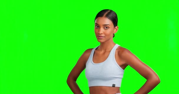 Face, happy and woman on fitness green screen with hands on hips in workout, training or exercise pride. Sports portrait, personal trainer and athlete person in motivation akimbo on isolated mockup. - Footage, Video