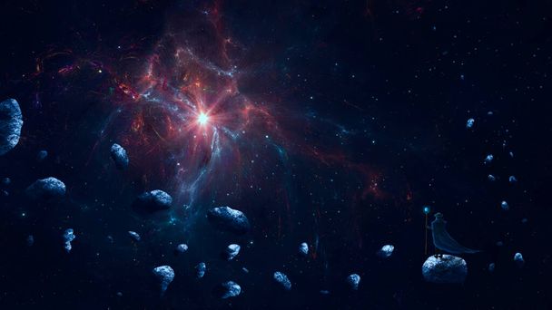 Mago de pie en asteroide con colorida nebulosa y campo de estrellas. Espacio digital pintura - Foto, Imagen