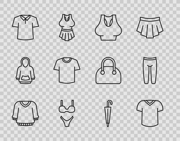 Set line Sweater, T-shirt, Undershirt, Swimsuit, Shirt, Umbrella and Leggings icon. Vector - Vecteur, image