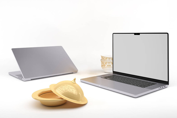 Eid Laptops With Coffee Cups Right Side In White Background - Photo, image