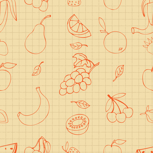 Fruit doodles naadloze op gekwadrateerde notitieblok achtergrond paginapictogrammen - Vector, afbeelding