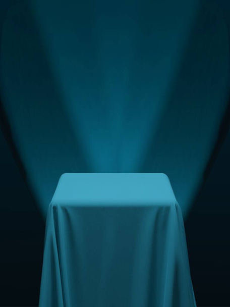 Teal green blue fabric covering a cube or a table, with purple background and stage spotlights. Can be used as a stand for product display, draped table. Vector illustration - Vector, afbeelding
