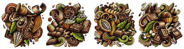 Suklaa sarjakuva doodle mallit asetettu. Värikkäitä yksityiskohtaisia sävellyksiä, joissa on paljon suklaata esineitä ja symboleja.  - Valokuva, kuva