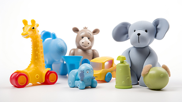 Kolorowe różne zabawki dla dzieci i zabawy, takie jak lalka, samochód, zwierzę i piłka. - Zdjęcie, obraz