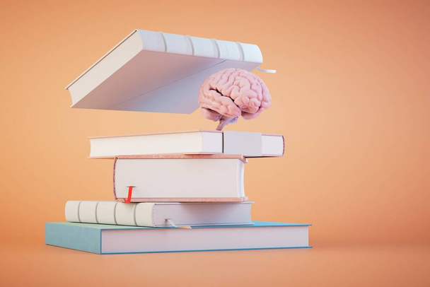 koncepce kontinuálního učení. hromádka knih a mozek na pastelovém pozadí. 3D vykreslení. - Fotografie, Obrázek