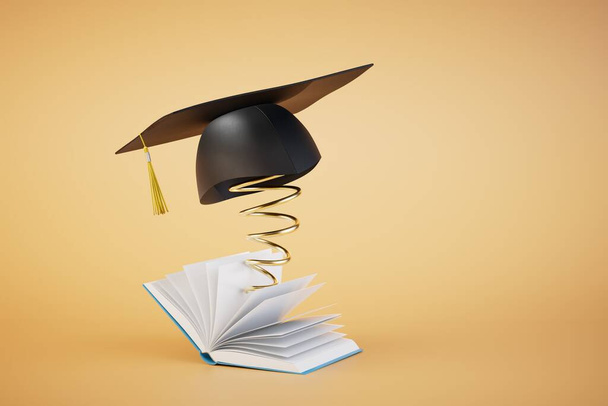 an open book from which the master's cap pops out on a spring on a pastel background. 3D render. - Photo, Image