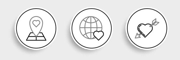 Set line Amour symbol with heart and arrow, Map pointer and The world love icon. Vector - Vector, Imagen