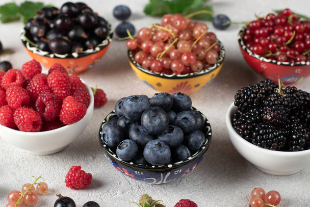 Summer vitamin food concept, set of various berries - blueberry, raspberry, blackberry, red white and black currant in bowls - Фото, изображение