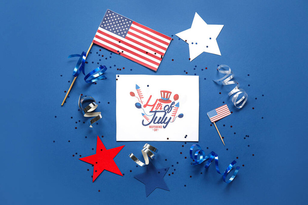 Greeting card for Independence Day, stars and USA flags on blue background - Photo, Image