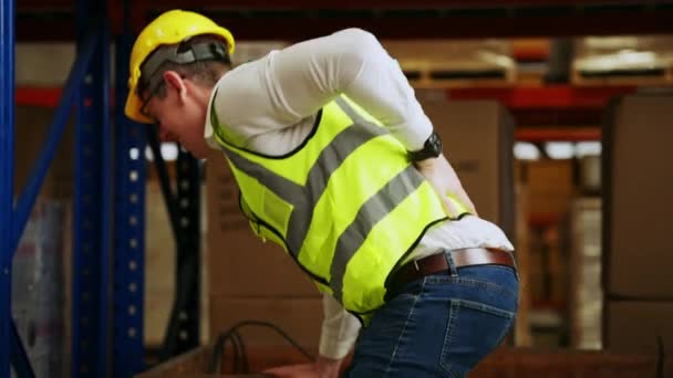 Male warehouse engineer manager suffering from back injury during checking stock working at warehouse factory, Storage worker having back pain at work, Industrial factory work concept - Footage, Video