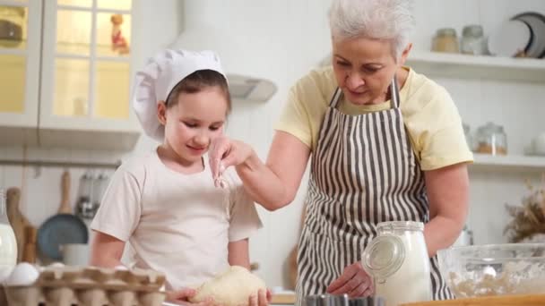 Familia feliz en la cocina. Abuela e hija nieta cocinan juntas en la cocina. Abuela enseñando a niña amasar masa hornear galletas. Trabajo en equipo doméstico que ayuda al concepto de generaciones familiares - Imágenes, Vídeo