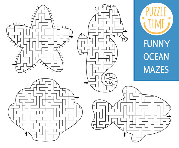 Under the sea geometrical maze set for kids. Ocean preschool printable activity shaped as seahorse, fish, seashell, star. Water labyrinth game or puzzle collection for childre - Vector, Image