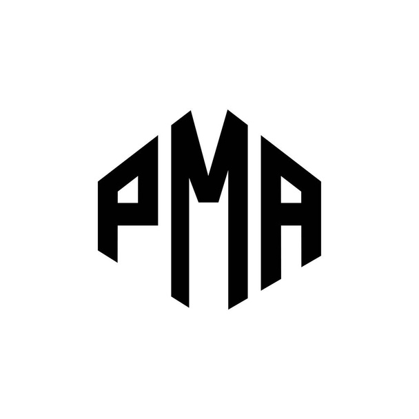 Design de logotipo de carta PMA com forma de polígono. PMA polígono e design de logotipo de forma de cubo. PMA hexágono vetor logotipo modelo cores brancas e pretas. Monograma PMA, logótipo empresarial e imobiliário. - Vetor, Imagem