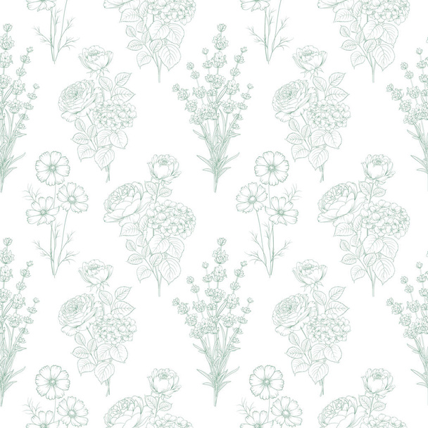 Seamless pattern from flowers of lavender,rose, and hydrangeas on a white background - Vector, Image