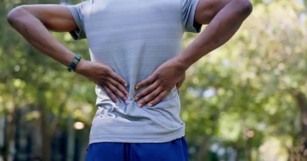 Fitness, man and back pain for runner in park with injury, ache or muscle problem while training in nature. Spinal, issue and sports guy suffering discomfort, strain or injured spine after forest run. - Footage, Video