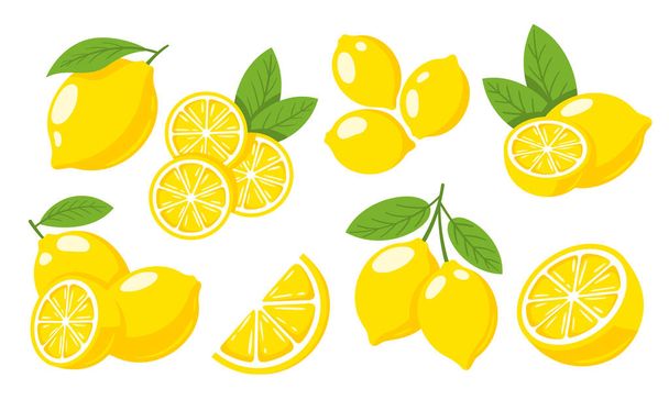 Sada žlutých citronů izolovaných na bílém pozadí. Plochý. Vektorová ilustrace - Vektor, obrázek