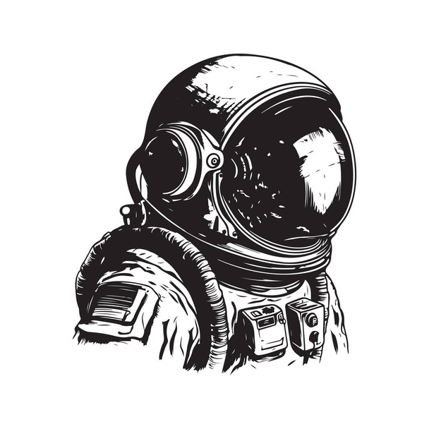 宇宙飛行士ヴィンテージロゴコンセプト黒と白手描きイラスト - ベクター画像