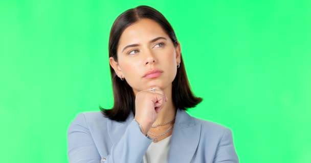 Business, woman and thinking on green screen of ideas, questions and remember in studio. Female model, serious worker and think of solution, decision and memory of why, choice and visionary mindset. - Footage, Video