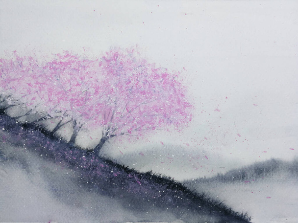 watercolor landscape pink trees cherry blossom or sakura leaf falling to the wind in mountain hill with meadow field. traditional oriental ink asia art style.hand drawn on paper. - Photo, Image