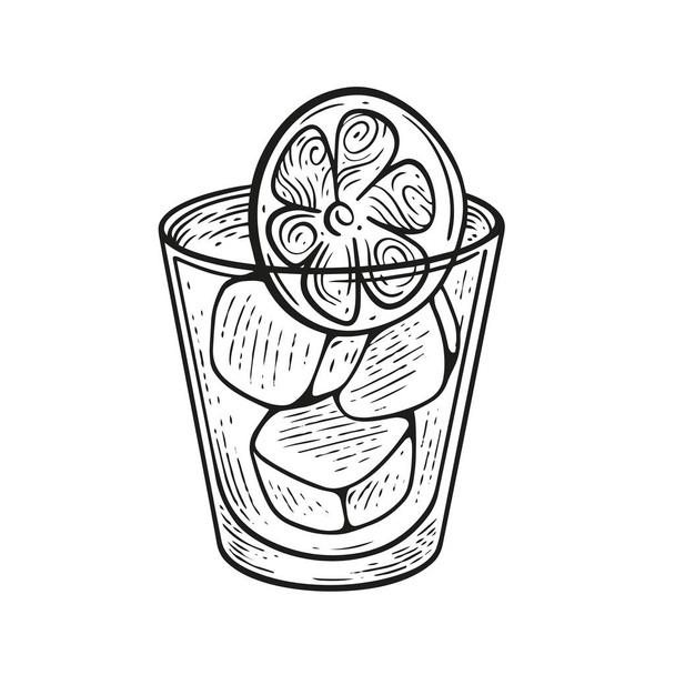 Коктейль в стаканах с ломтиком лимона и кубиками льда гравировка стиль эскиз рисунок вектор иллюстрация изолированы на белом фоне. - Вектор,изображение