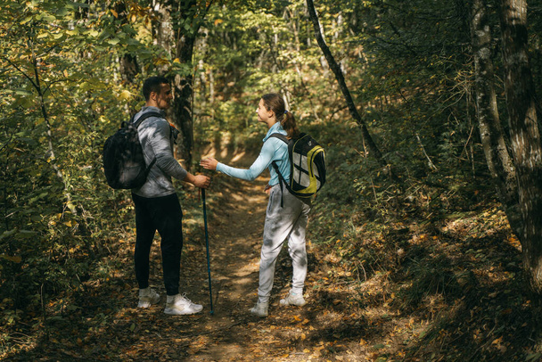 Escursionisti di sesso maschile e femminile che si prendono una pausa dalle escursioni e conversano nel mezzo della foresta - Foto, immagini