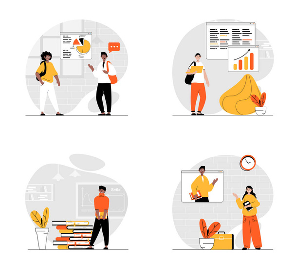 Education and learning concept with character set. Collection of scenes people studying at lessons and webinars, discussing report presentation, reading books. Vector illustrations in flat web design - Vector, Image