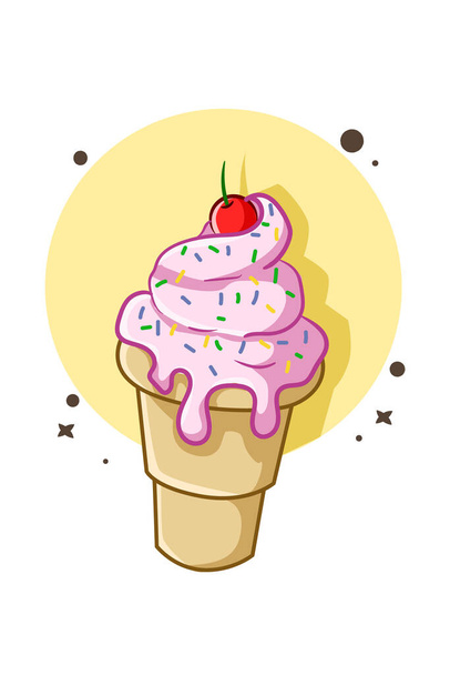 Ice cream with pink butter cream and cherry - Вектор,изображение