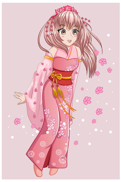 A beautiful pink long hair anime girl japanese wearing pink kimono with cherry blossoms - Vecteur, image