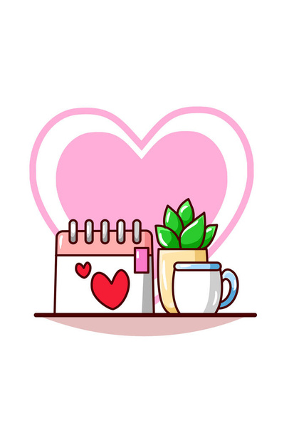 Valentine day calendar with a cup a coffee cartoon illustration - Vektör, Görsel
