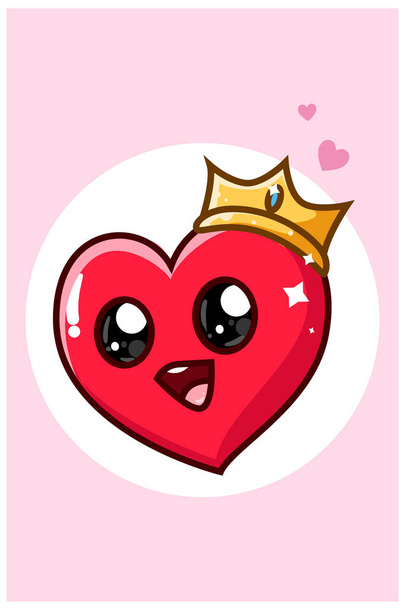 A cute and happy heart wearing a crown cartoon illustration - Vektor, Bild