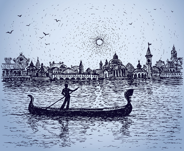 Gondolier flota en góndola. Boceto vectorial
 - Vector, Imagen