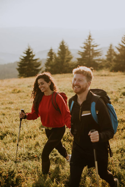 Sırt çantalı, yeşil tepelerde yürüyen gülümseyen genç çift. - Fotoğraf, Görsel