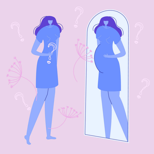 Ilustrace koncept s ženou se dívá do zrcadla, protože má potrat, ztráta dítěte, ztráta těhotenství. Je to zármutek. Ilustrace dobrá pro plakát lékařské kliniky nebo UI UX design aplikace.. Toto je vektorová ilustrace vytvořená ručně kresleným uměním. - Vektor, obrázek