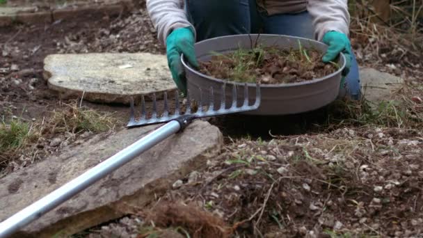 Gardener sifting soil with soil sieve for growing plants medium slow motion zoom shot selective focus - Footage, Video