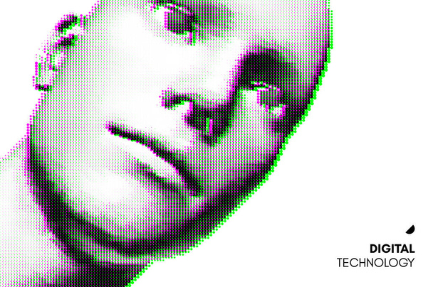 Face of man with glitch effect. Abstract men head made from dots. Pixel art. 3D vector illustration. - Vektor, Bild