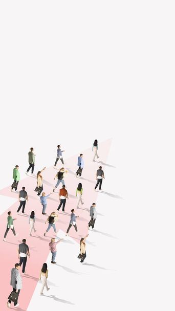 One way movement. Aerial view on group of different people walking same direction against white background. Mass media manipulation. Human cooperation, online lifestyle, internet. Vertical layout - Fotó, kép