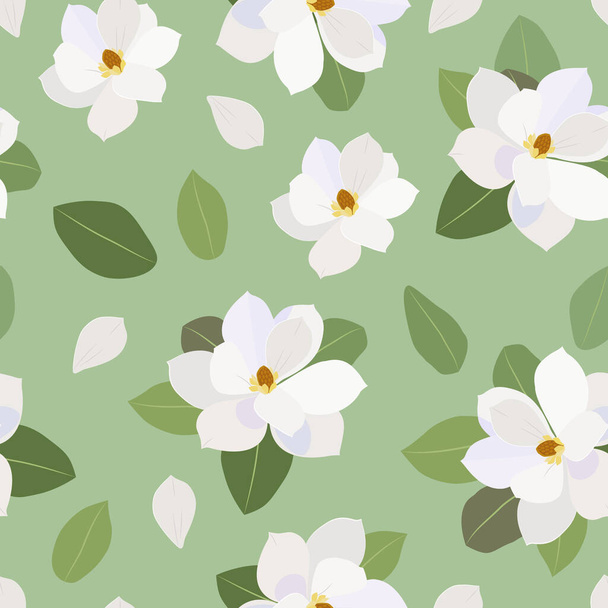 White flowers with leaves on a light green background. Seamless vector pattern. - Vector, Image