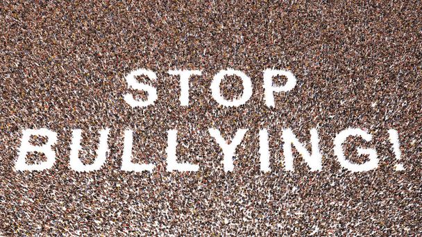 Concept or conceptual large community of people forming the STOP BULLYING! message. 3d illustration metaphor for physical and verbal violence, harassment, online, education, prevention and counseling - Foto, Imagen