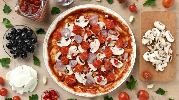 Recipe for making delicious Italian pizza with vegetables and mozzarella, flat lay, home cooking - Foto, Imagen