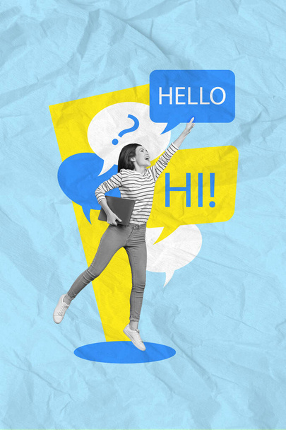 Vertical creative photo 3d collage of nice happy girl hold laptop say hello virtual communication isolated on blue paper background. - Фото, зображення