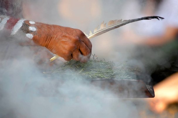 Ihmisen käsi pidä puinen ruokalaji ja höyhen savurituaali riitti alkuperäiskansojen yhteisön tapahtuma Australiassa - Valokuva, kuva