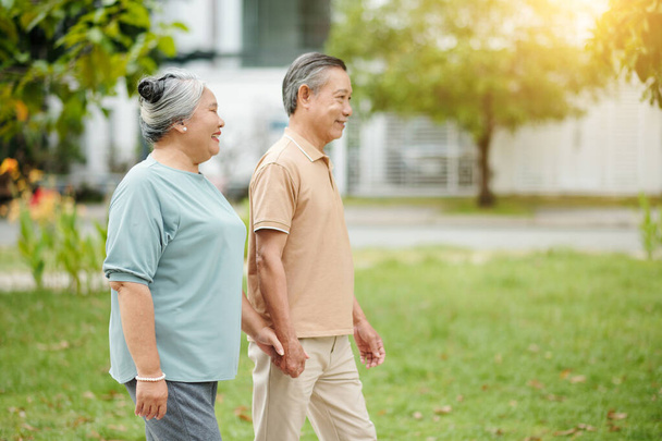 Glückliches Senioren-Paar hält sich bei Spaziergang im Park an sonnigem Tag an den Händen - Foto, Bild
