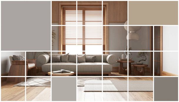 Metin, sunum şablonu, modelleme fikri, minimalist ahşap japandi oturma odası, konsept iç tasarım için kopya alanı ile geometrik kare mozaik grafik efekti - Fotoğraf, Görsel