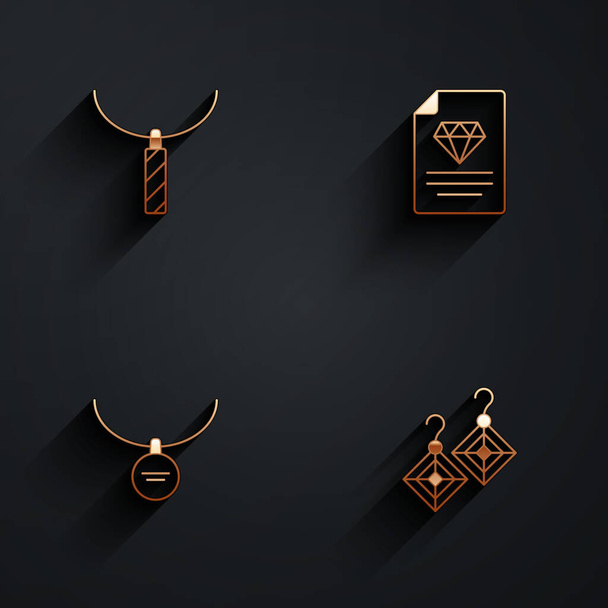 Set Anhänger auf Halskette, Zertifikat des Diamanten, Medaillon und Ohrringe Symbol mit langem Schatten. Vektor - Vektor, Bild